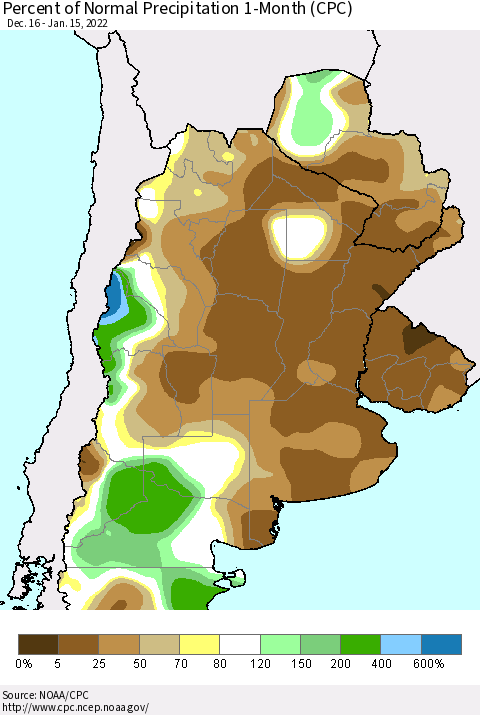Southern South America Percent of Normal Precipitation 1-Month (CPC) Thematic Map For 12/16/2021 - 1/15/2022