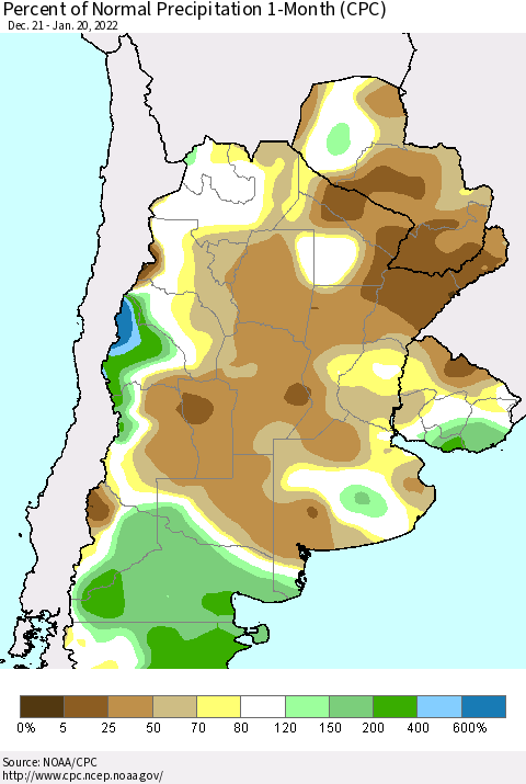 Southern South America Percent of Normal Precipitation 1-Month (CPC) Thematic Map For 12/21/2021 - 1/20/2022
