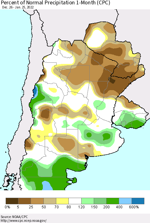 Southern South America Percent of Normal Precipitation 1-Month (CPC) Thematic Map For 12/26/2021 - 1/25/2022