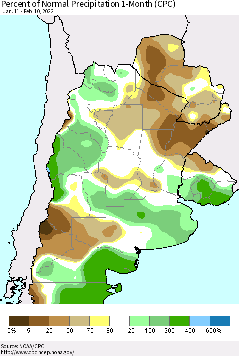 Southern South America Percent of Normal Precipitation 1-Month (CPC) Thematic Map For 1/11/2022 - 2/10/2022