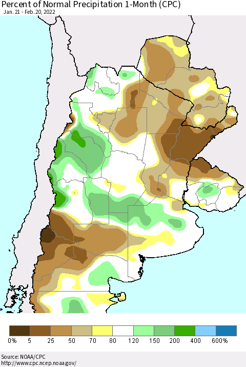Southern South America Percent of Normal Precipitation 1-Month (CPC) Thematic Map For 1/21/2022 - 2/20/2022