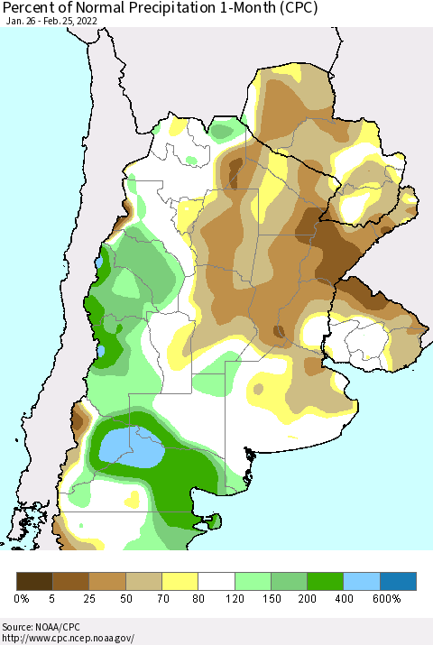 Southern South America Percent of Normal Precipitation 1-Month (CPC) Thematic Map For 1/26/2022 - 2/25/2022