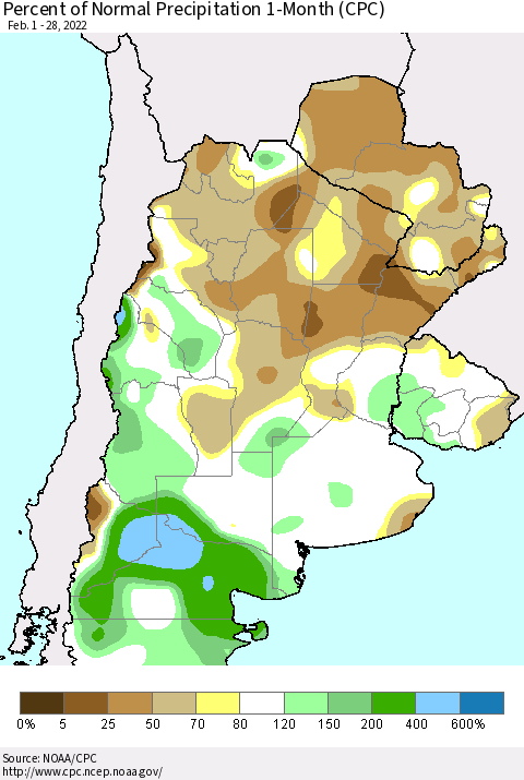 Southern South America Percent of Normal Precipitation 1-Month (CPC) Thematic Map For 2/1/2022 - 2/28/2022