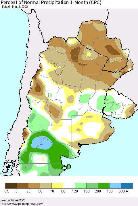 Southern South America Percent of Normal Precipitation 1-Month (CPC) Thematic Map For 2/6/2022 - 3/5/2022