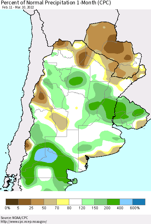 Southern South America Percent of Normal Precipitation 1-Month (CPC) Thematic Map For 2/11/2022 - 3/10/2022