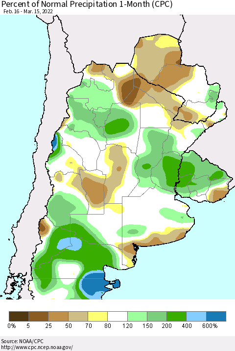 Southern South America Percent of Normal Precipitation 1-Month (CPC) Thematic Map For 2/16/2022 - 3/15/2022
