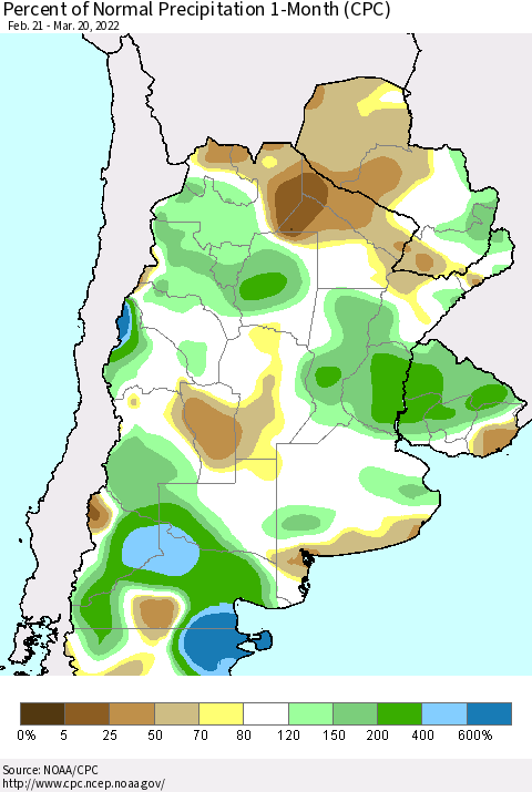 Southern South America Percent of Normal Precipitation 1-Month (CPC) Thematic Map For 2/21/2022 - 3/20/2022