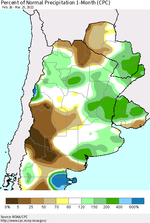 Southern South America Percent of Normal Precipitation 1-Month (CPC) Thematic Map For 2/26/2022 - 3/25/2022