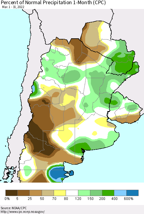Southern South America Percent of Normal Precipitation 1-Month (CPC) Thematic Map For 3/1/2022 - 3/31/2022