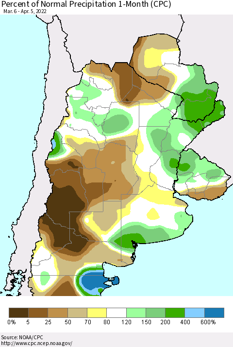 Southern South America Percent of Normal Precipitation 1-Month (CPC) Thematic Map For 3/6/2022 - 4/5/2022