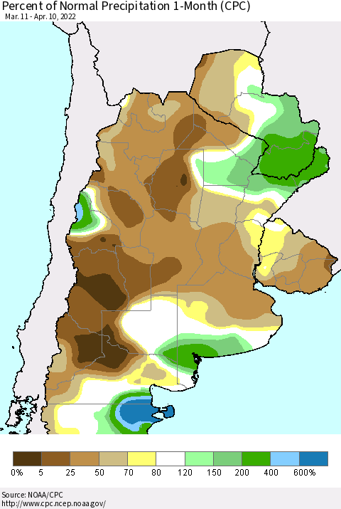 Southern South America Percent of Normal Precipitation 1-Month (CPC) Thematic Map For 3/11/2022 - 4/10/2022