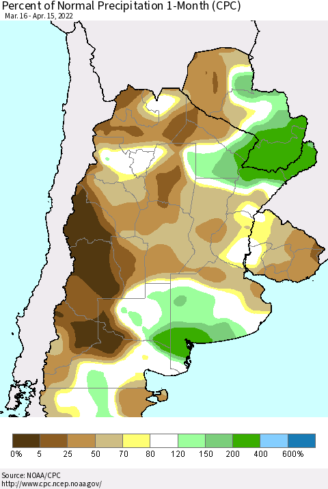 Southern South America Percent of Normal Precipitation 1-Month (CPC) Thematic Map For 3/16/2022 - 4/15/2022