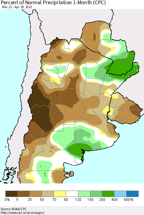 Southern South America Percent of Normal Precipitation 1-Month (CPC) Thematic Map For 3/21/2022 - 4/20/2022