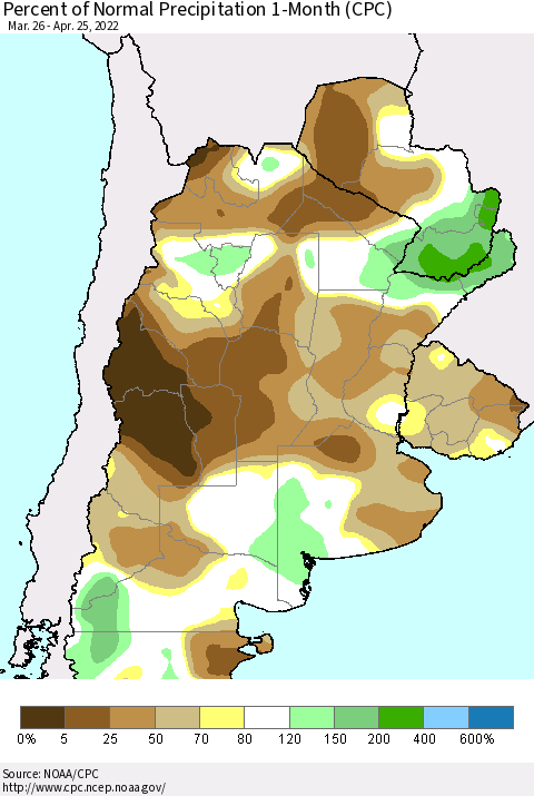 Southern South America Percent of Normal Precipitation 1-Month (CPC) Thematic Map For 3/26/2022 - 4/25/2022