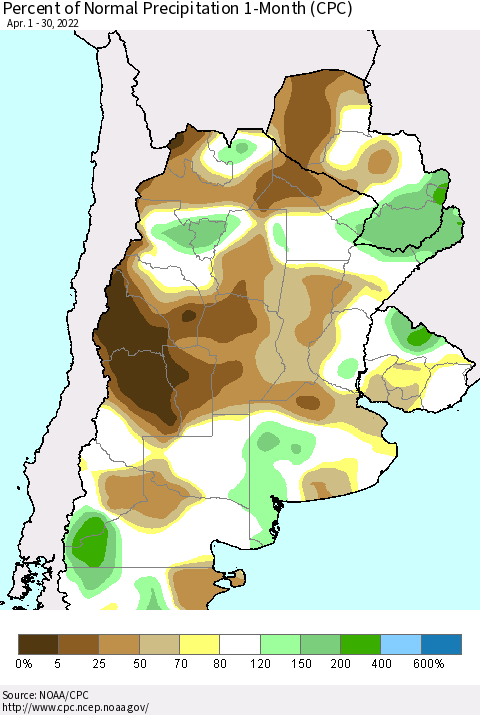 Southern South America Percent of Normal Precipitation 1-Month (CPC) Thematic Map For 4/1/2022 - 4/30/2022