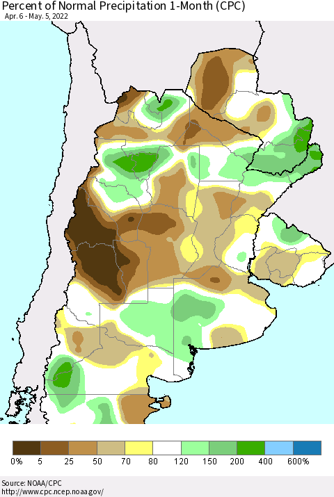 Southern South America Percent of Normal Precipitation 1-Month (CPC) Thematic Map For 4/6/2022 - 5/5/2022