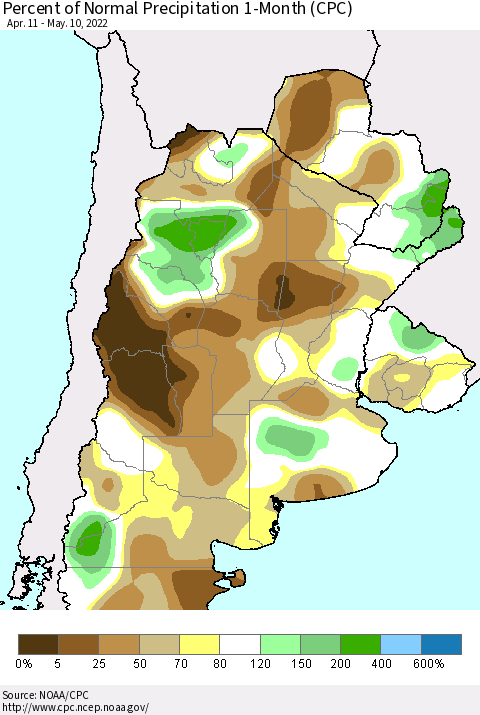 Southern South America Percent of Normal Precipitation 1-Month (CPC) Thematic Map For 4/11/2022 - 5/10/2022