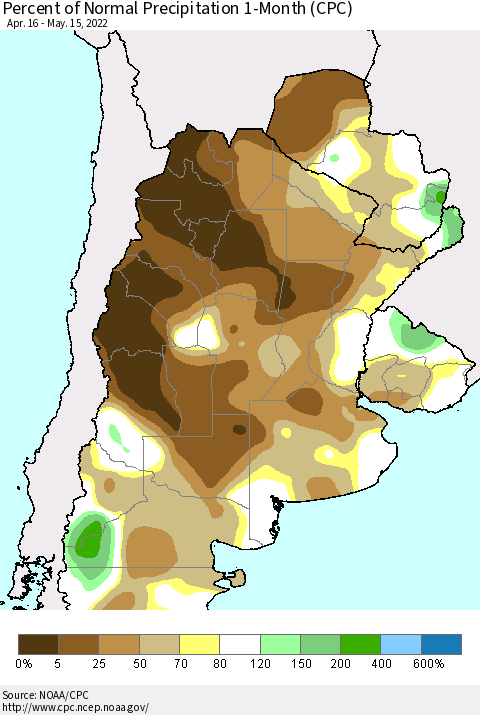 Southern South America Percent of Normal Precipitation 1-Month (CPC) Thematic Map For 4/16/2022 - 5/15/2022