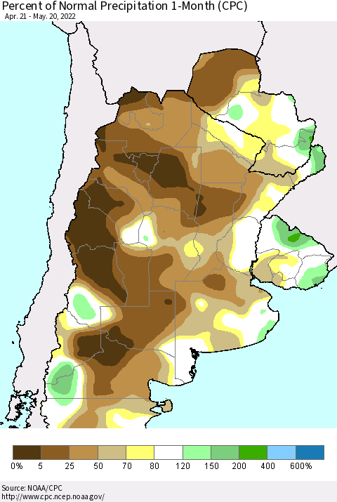 Southern South America Percent of Normal Precipitation 1-Month (CPC) Thematic Map For 4/21/2022 - 5/20/2022