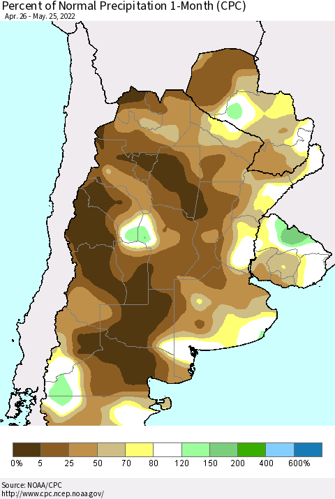 Southern South America Percent of Normal Precipitation 1-Month (CPC) Thematic Map For 4/26/2022 - 5/25/2022