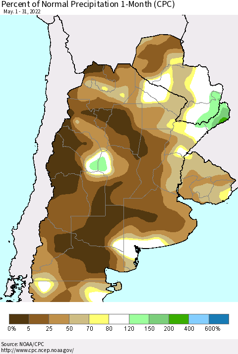 Southern South America Percent of Normal Precipitation 1-Month (CPC) Thematic Map For 5/1/2022 - 5/31/2022
