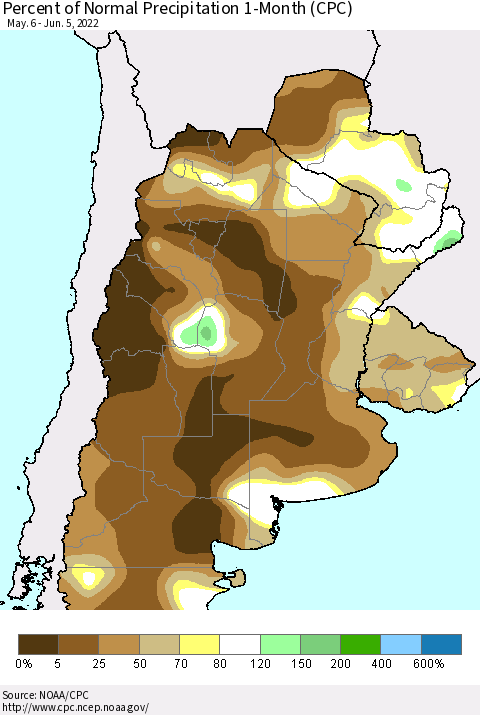 Southern South America Percent of Normal Precipitation 1-Month (CPC) Thematic Map For 5/6/2022 - 6/5/2022