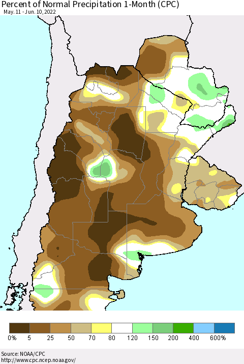 Southern South America Percent of Normal Precipitation 1-Month (CPC) Thematic Map For 5/11/2022 - 6/10/2022