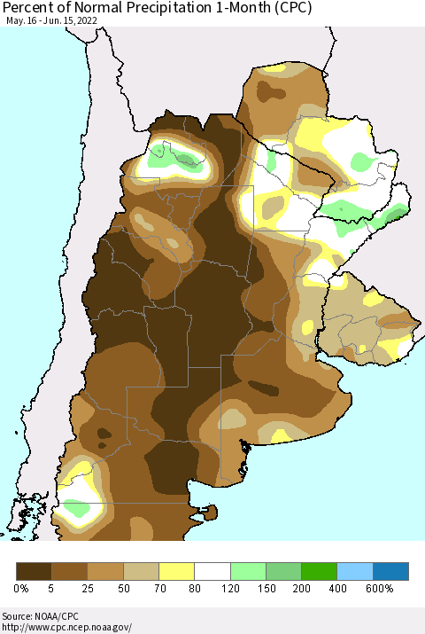 Southern South America Percent of Normal Precipitation 1-Month (CPC) Thematic Map For 5/16/2022 - 6/15/2022