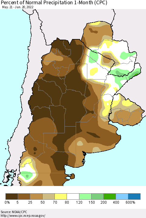 Southern South America Percent of Normal Precipitation 1-Month (CPC) Thematic Map For 5/21/2022 - 6/20/2022