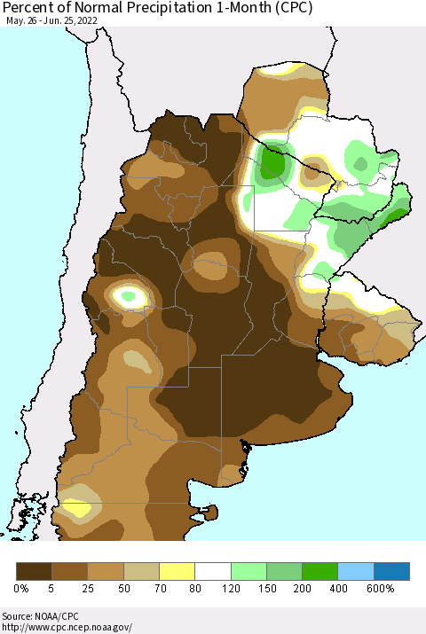 Southern South America Percent of Normal Precipitation 1-Month (CPC) Thematic Map For 5/26/2022 - 6/25/2022