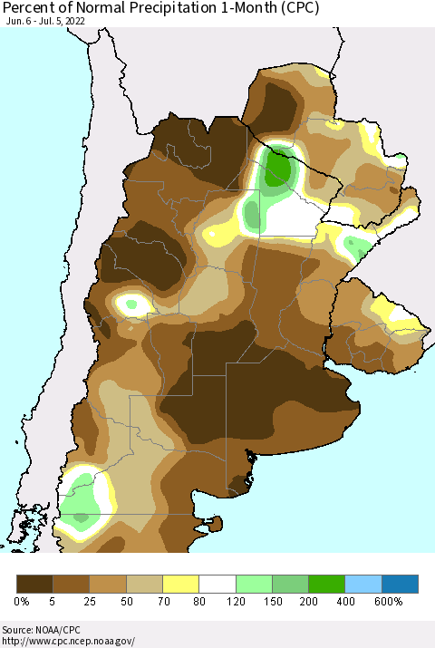 Southern South America Percent of Normal Precipitation 1-Month (CPC) Thematic Map For 6/6/2022 - 7/5/2022