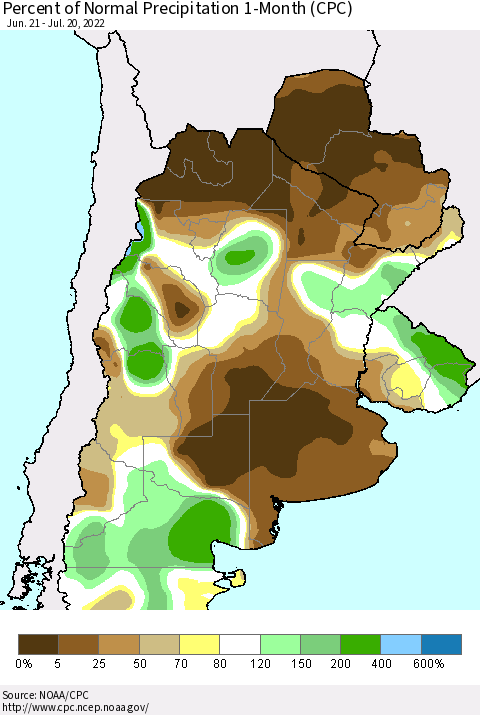 Southern South America Percent of Normal Precipitation 1-Month (CPC) Thematic Map For 6/21/2022 - 7/20/2022