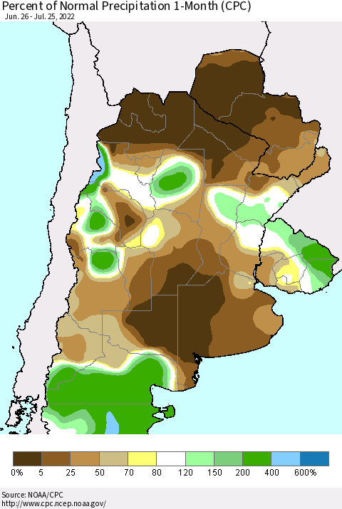 Southern South America Percent of Normal Precipitation 1-Month (CPC) Thematic Map For 6/26/2022 - 7/25/2022