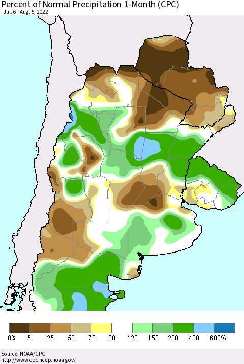 Southern South America Percent of Normal Precipitation 1-Month (CPC) Thematic Map For 7/6/2022 - 8/5/2022