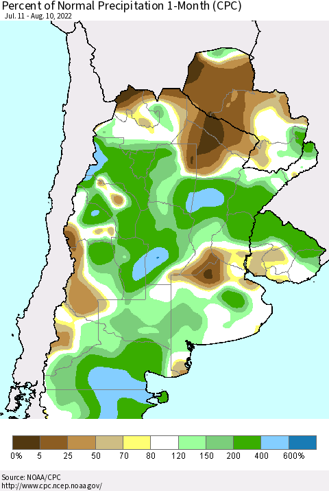 Southern South America Percent of Normal Precipitation 1-Month (CPC) Thematic Map For 7/11/2022 - 8/10/2022
