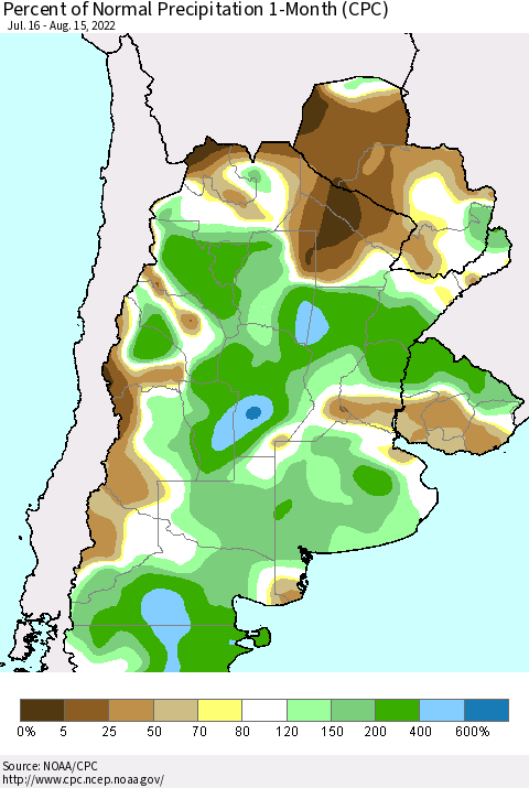 Southern South America Percent of Normal Precipitation 1-Month (CPC) Thematic Map For 7/16/2022 - 8/15/2022