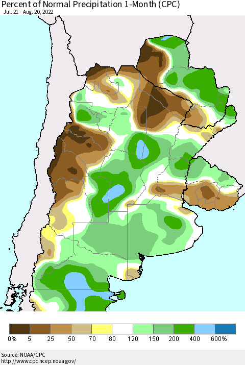 Southern South America Percent of Normal Precipitation 1-Month (CPC) Thematic Map For 7/21/2022 - 8/20/2022