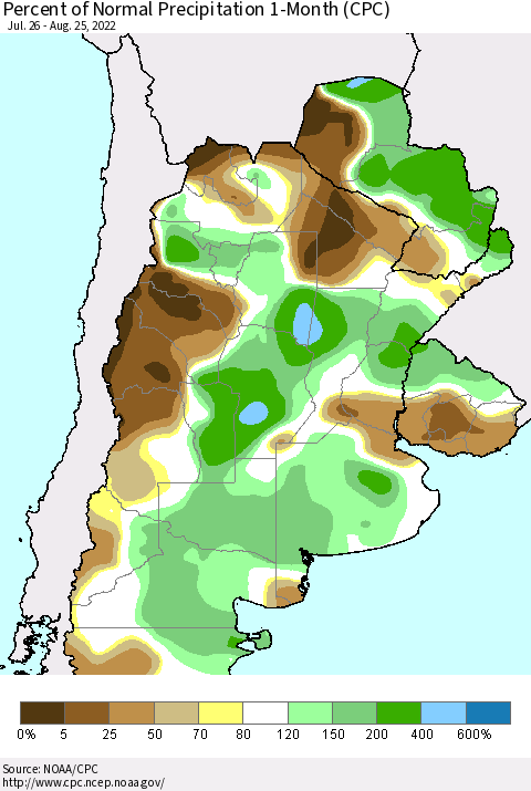 Southern South America Percent of Normal Precipitation 1-Month (CPC) Thematic Map For 7/26/2022 - 8/25/2022