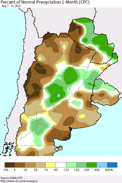 Southern South America Percent of Normal Precipitation 1-Month (CPC) Thematic Map For 8/1/2022 - 8/31/2022