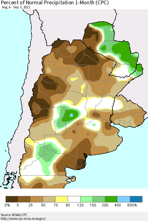 Southern South America Percent of Normal Precipitation 1-Month (CPC) Thematic Map For 8/6/2022 - 9/5/2022