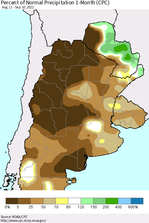 Southern South America Percent of Normal Precipitation 1-Month (CPC) Thematic Map For 8/11/2022 - 9/10/2022