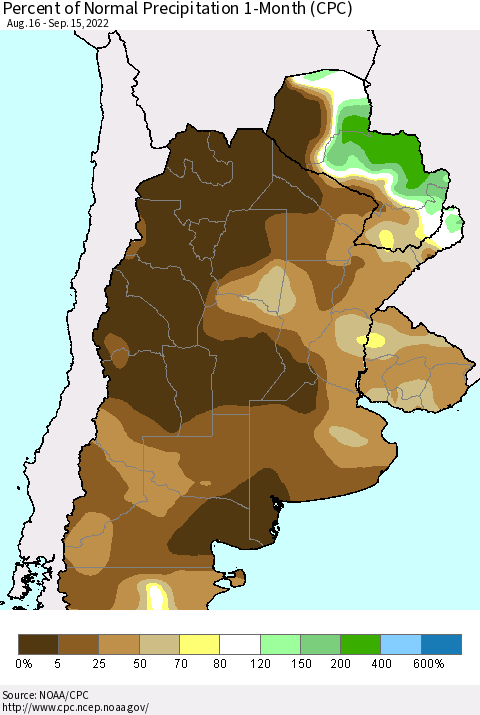 Southern South America Percent of Normal Precipitation 1-Month (CPC) Thematic Map For 8/16/2022 - 9/15/2022