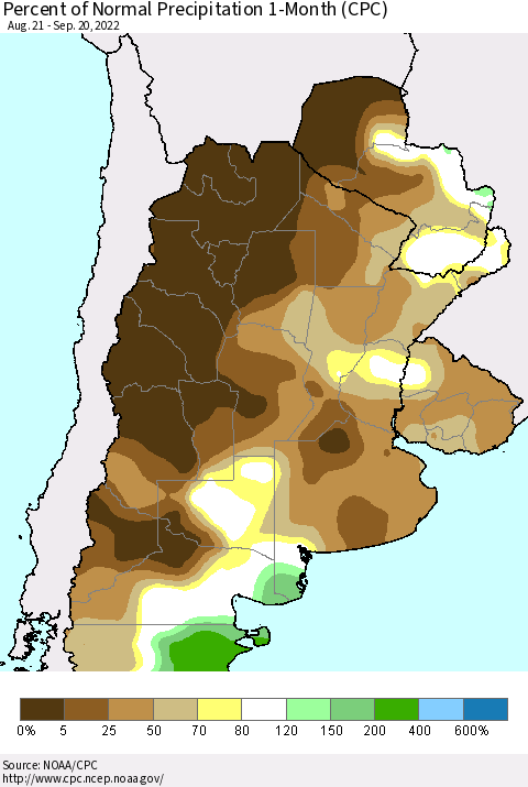 Southern South America Percent of Normal Precipitation 1-Month (CPC) Thematic Map For 8/21/2022 - 9/20/2022