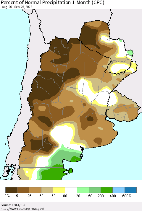 Southern South America Percent of Normal Precipitation 1-Month (CPC) Thematic Map For 8/26/2022 - 9/25/2022
