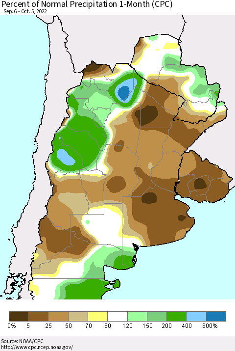 Southern South America Percent of Normal Precipitation 1-Month (CPC) Thematic Map For 9/6/2022 - 10/5/2022