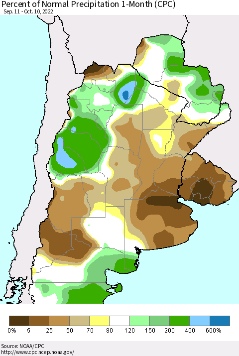 Southern South America Percent of Normal Precipitation 1-Month (CPC) Thematic Map For 9/11/2022 - 10/10/2022