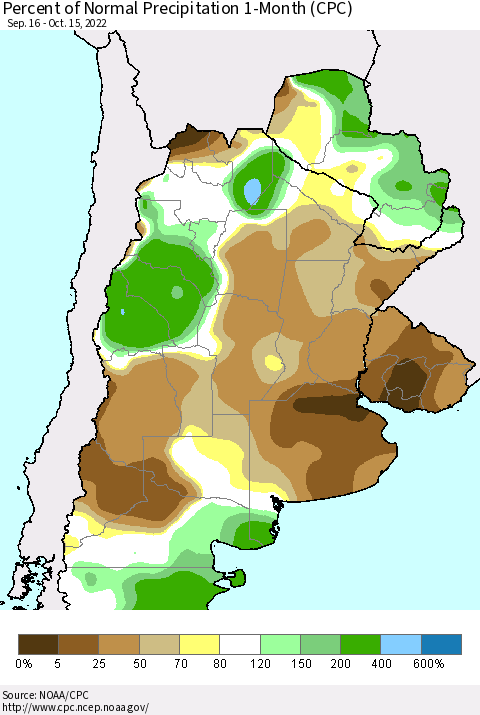 Southern South America Percent of Normal Precipitation 1-Month (CPC) Thematic Map For 9/16/2022 - 10/15/2022
