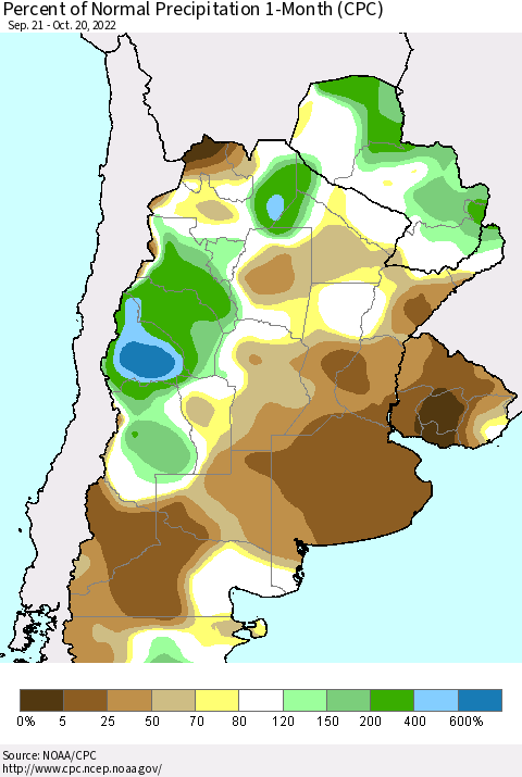Southern South America Percent of Normal Precipitation 1-Month (CPC) Thematic Map For 9/21/2022 - 10/20/2022