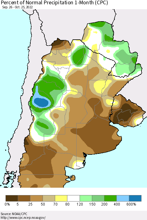 Southern South America Percent of Normal Precipitation 1-Month (CPC) Thematic Map For 9/26/2022 - 10/25/2022