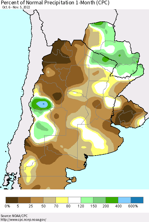Southern South America Percent of Normal Precipitation 1-Month (CPC) Thematic Map For 10/6/2022 - 11/5/2022